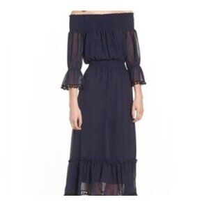 Misa Los Angeles Navy Smocked Cottage Gore Pom Midi Dress Women’s XS Read